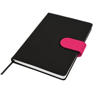 A black notebook with a pink elastic closure and a ribbon bookmark. Features a logo on the cover.