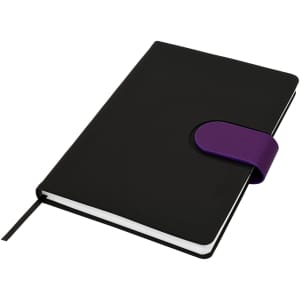 A black notebook with a purple elastic band closure, featuring a ribbon bookmark and an embossed logo.