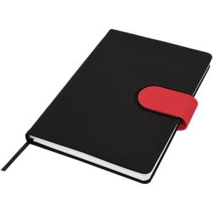 A black notebook with a red elastic closure and a ribbon marker, featuring a logo on the cover.