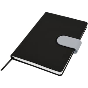 A black notebook with a grey clasp, featuring a ribbon bookmark and a sleek design, ideal for office use.