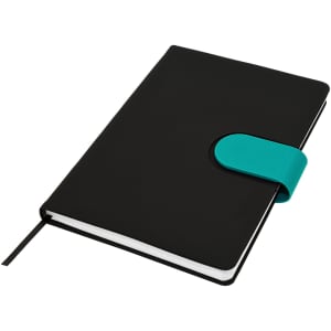 A black notebook with a turquoise elastic band closure and a ribbon bookmark. It has a sleek design and branding.