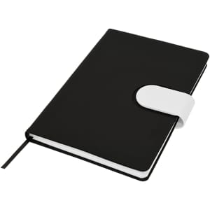 A black A5 notebook with a contrasting white clasp and an elastic closure, featuring a ribbon bookmark.