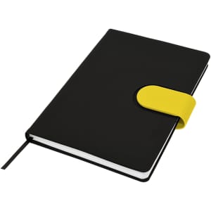 A black notebook with a yellow clasp and a ribbon bookmark. It features a logo on the cover.