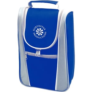 A drink bottle cooler bag in blue and grey, featuring a zippered front pocket and a logo on the flap.