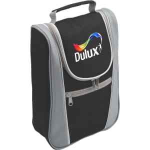 A drink bottle cooler in black and grey, featuring a top handle and a front zip pocket, with a logo.