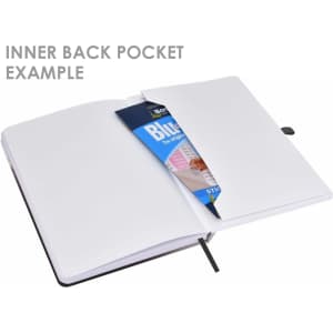 An open Apex A5 notebook with a black cover, featuring a white inner back pocket containing a blue item.