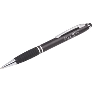 A black stylus pen with a grip and a silver clip, featuring a branding logo.