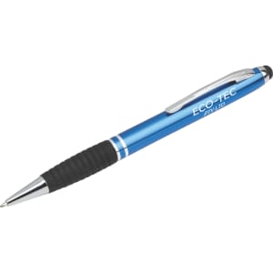 A blue stylus pen with a rubber grip and a silver clip, featuring a logo on the barrel.