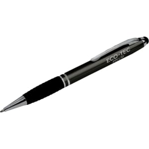 A black and silver stylus pen with a ribbed grip and branding on the barrel.