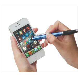 A blue stylus pen is being used on a smartphone screen, showcasing various app icons. The pen has a branding logo.