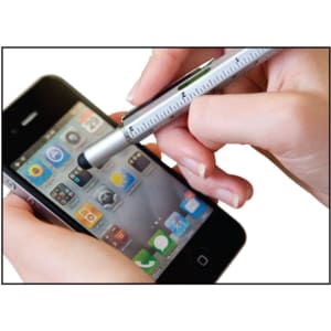 A stylus pen in silver is being used on a smartphone screen, displaying various app icons.