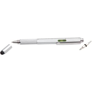 A silver DIY stylus pen featuring a level, ruler, and a removable cap. The pen has a textured grip for easy handling.