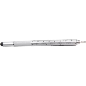 A silver DIY stylus pen with a textured grip and a ruler printed along its side.