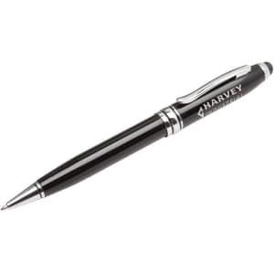A black stylus pen with a shiny silver accent and an engraved logo.