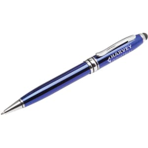 A blue executive stylus pen with silver accents and a logo.