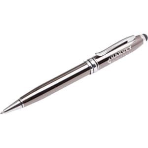 A silver stylus pen with a sleek design and branding on the barrel. Features a rubber tip for touch screens.