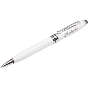 A sleek white stylus pen with chrome accents and a branding logo. Ideal for writing on touchscreens.