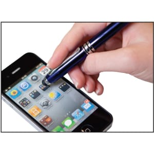 A blue executive stylus pen is being used on a smartphone screen. The pen features a sleek design and has branding.