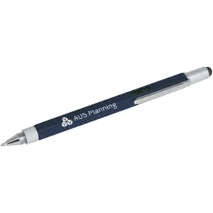 A navy blue stylus pen with a silver clip and a branding logo on the barrel. It features a pen tip and a stylus tip.