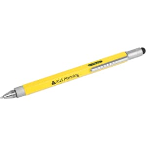 A yellow stylus pen featuring a silver tip and clip, with a logo on the side.