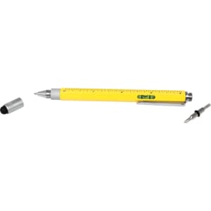 A yellow stylus pen featuring a ruler, level bubble, and detachable cap with a silver clip.