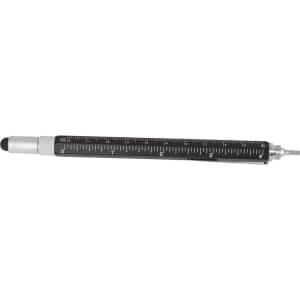 A black stylus pen with a silver tip and a ruler etched along its length, featuring a logo.