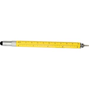 A yellow stylus pen featuring a measuring scale along its length and a metallic tip. It has a logo.