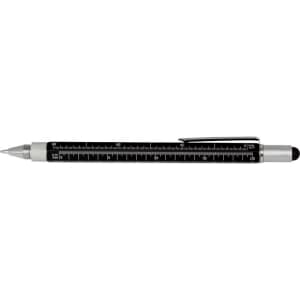 A black and silver stylus pen with a textured grip and measurement markings along its body. It features a clip for attachment.