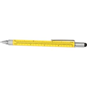 A stylus pen in bright yellow with a silver clip, featuring measurement markings along its body and a black tip.