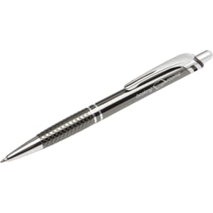 A metal pen in black with a textured grip and a silver clip, featuring a logo on the side.