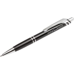 A metal pen in black with a textured grip and shiny chrome accents, featuring branding on the barrel.