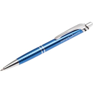 A blue metal pen with a textured grip and silver accents, featuring a branding logo.