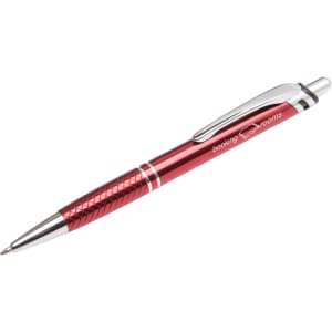 A red metal pen with a textured grip and a silver clip, featuring a logo.