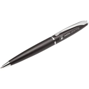 A metal pen in matte black with a shiny silver clip and branding on the barrel.