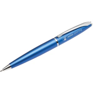A blue metal pen with a sleek design, featuring a silver clip and a branding logo.