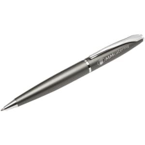 A metal pen in a sleek grey finish with a clip and a logo on the body.