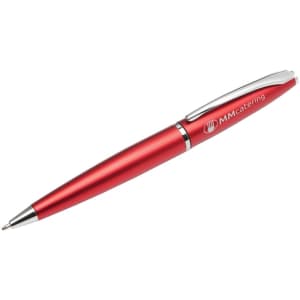 A red metal pen featuring a silver clip and logo branding. Suitable for writing and promotional use.