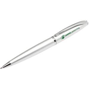 A silver metal pen with a sleek design and a clip, featuring a logo.