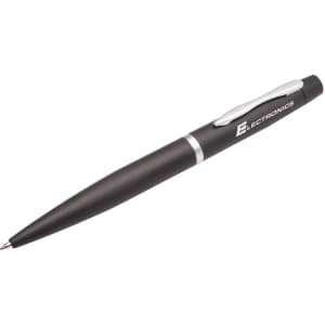 A metal pen in black with a silver clip, featuring a logo on the barrel.