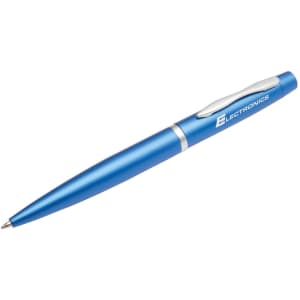 A blue metal pen with a sleek design, featuring a silver clip and a logo on its body.