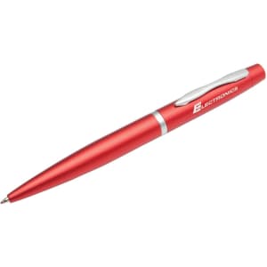 A red metal pen with a silver clip and branding, featuring a sleek, modern design.