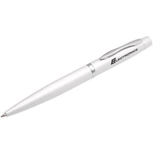A metal pen in a sleek silver finish with a clip and branding on the side.