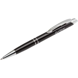 A black metal pen with a chrome clip and accents, featuring a logo on the barrel.