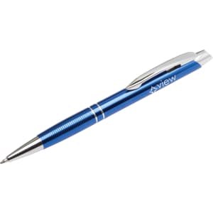 A blue metal pen with a shiny silver clip and a branding logo.