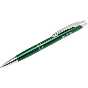 A metal pen with a shiny green barrel and chrome accents, featuring a branding logo.