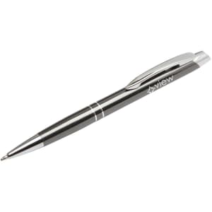A metal pen in a sleek silver design with a chrome clip and grip, featuring a branding logo.