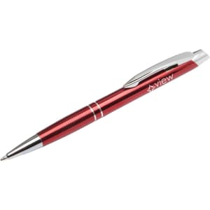 A red metal pen with a silver clip and embossed branding. It features a ribbed grip for comfort.
