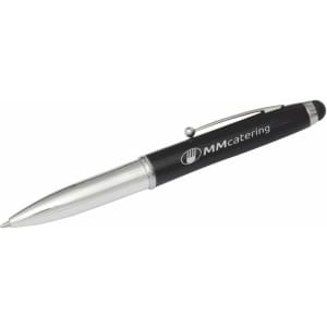 A black and silver stylus pen with a logo, featuring three writing functions.
