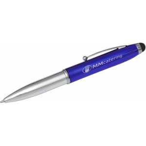 A blue economy 3-way stylus pen with a silver tip and clip, featuring a logo.