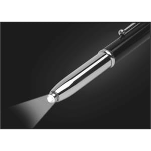 A black and silver Economy 3-Way Stylus Pen with a light feature at the tip and a subtle logo.